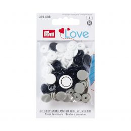 Butika.hu hobby webáruház - Prym Love, 30pár tengerészkék, szürke és fehér szinű, kör alakú, műanyag patent, 393008