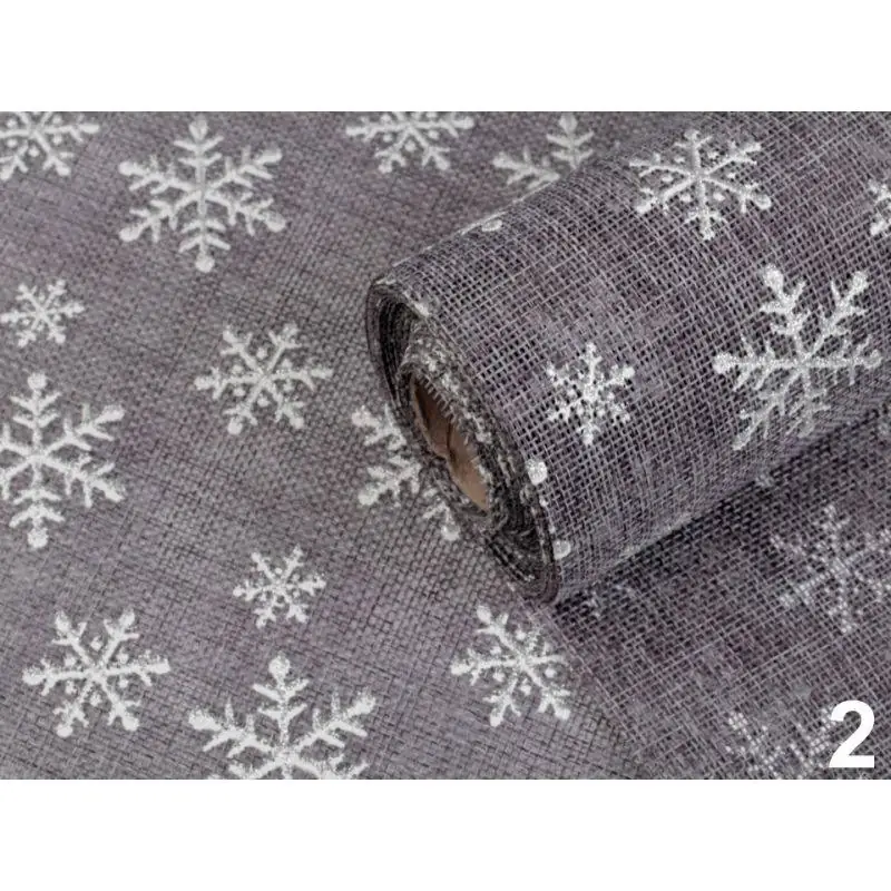 Butika.hu hobby webáruház - Karácsonyi mintás juta imitáció, 48cm széles, ezüst szürke hópelyhekkel, 0.5m, 750372