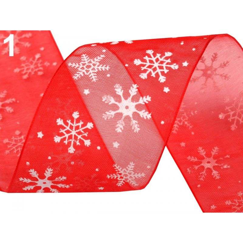 Butika.hu hobby webáruház - Piros oraganza dekorszalag, fehér hópihékkel, 40mm, 3m, 420917