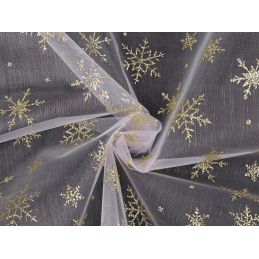 Butika.hu hobby webáruház - Organza dekorációs textil, glitteres hópelyhekkel, 150cm széles, 0.5m, arany, 380758