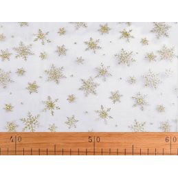 Butika.hu hobby webáruház - Organza dekorációs textil, glitteres hópelyhekkel, 150cm széles, 0.5m, ezüst, 380758