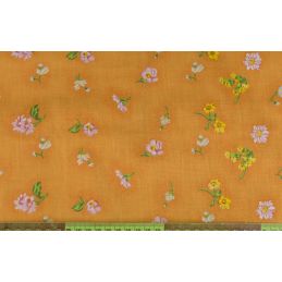 Színes virágok narancssárga alapon, patchwork pamutvászon, 140cm/0,5m,