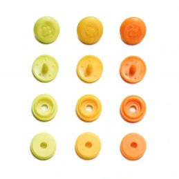 Prym Love, 36pár sárga és narancssárga, kör alakú, gomb mintájú műanyag patent, 393602