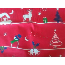 Karácsonyi anyag, piros alapon téli táj, patchwork pamutvászon, 160cm/0,5m