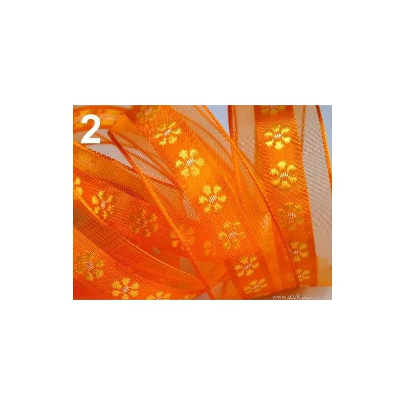 Butika.hu hobby webáruház - Organza hímzett szalag, virág motívummal, narancssárga, 40mm, 5m