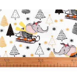 Butika.hu hobby webáruház - Karácsonyi anyag, szánkózó elefántok, patchwork pamutvászon, 160cm/0,5m