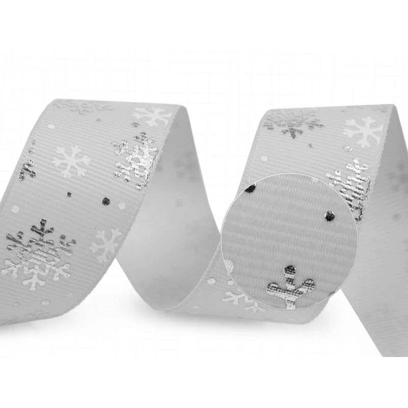 Butika.hu hobby webáruház - Karácsonyi dekor ripsz szalag, hópelyhekkel, 25mm, 1m, 430459, szürke-ezüst