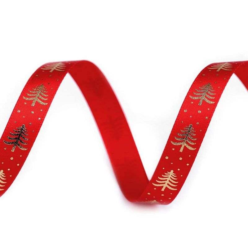 Butika.hu hobby webáruház - Karácsonyi mintás szatén dekor szalag fenyőfákkal, 10mm, 5m, 430465, piros-arany