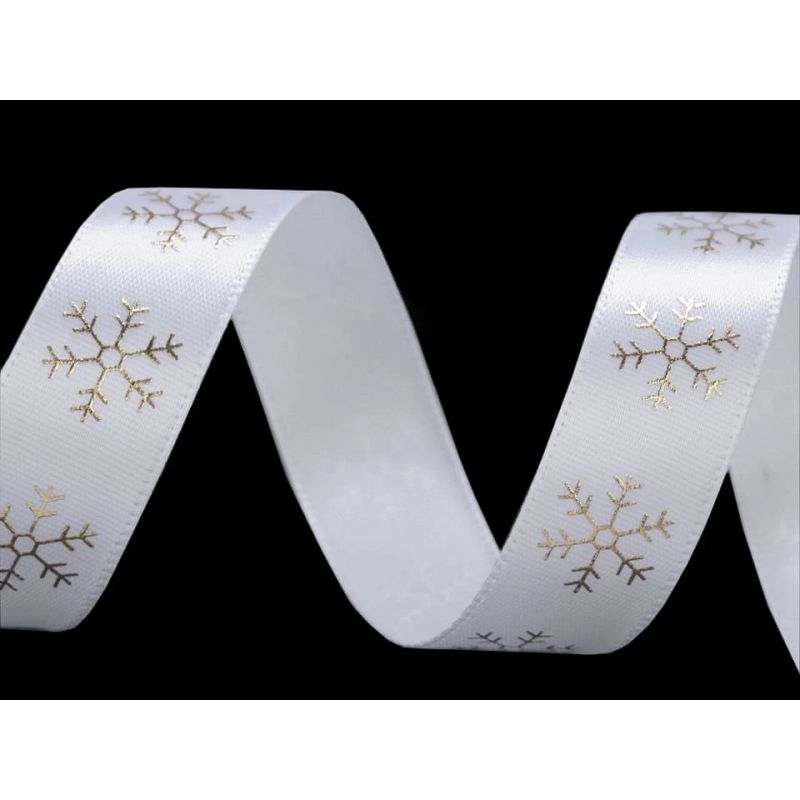 Butika.hu hobby webáruház - Karácsonyi mintás szatén dekor szalag hópelyhekkel, 20mm, 3m, 430551, fehér-arany