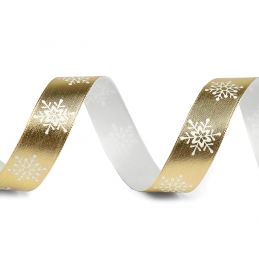 Karácsonyi mintás szatén dekor fémes szalag hópelyhekkel, 16mm, 3m, 430692, arany
