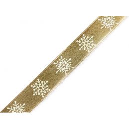 Butika.hu hobby webáruház - Karácsonyi mintás szatén dekor fémes szalag hópelyhekkel, 16mm, 3m, 430692, arany