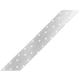 Butika.hu hobby webáruház - Karácsonyi mintás szatén dekor fémes szalag kicsi hópelyhekkel, 16mm, 3m, 430693, ezüst