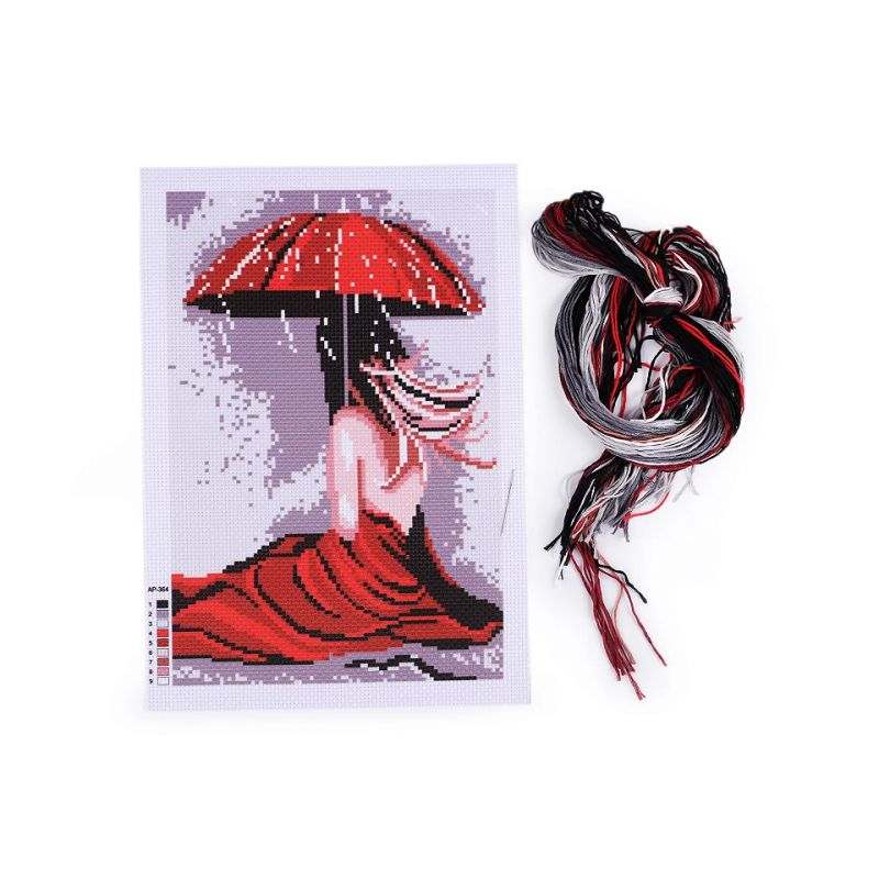 Butika.hu hobby webáruház - Keresztszemes himzés szett, hímzőfonallal, tűvel, 21x29,5cm - nő piros esernyővel - 020946-4